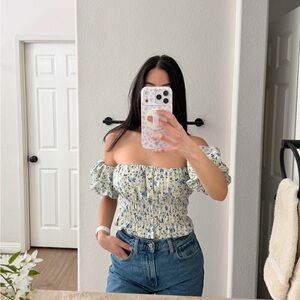 Smocked Off-Shoulder Floral Top in Pastel Green and Blue